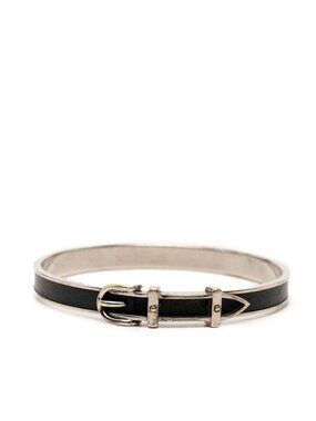 Hermes Belt Motif Bangle Silver Black Metal Leather Bracelet